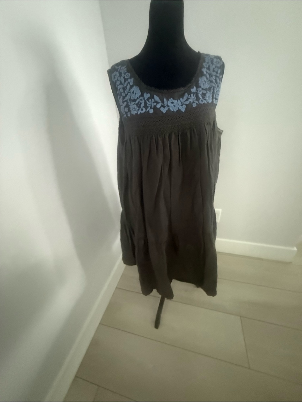 Lucky Brand Brown Tank Dress with Blue Embroidered Yoke#C20